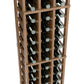 Dark wood 3-column wine bottle rack close-up showing bottle rows