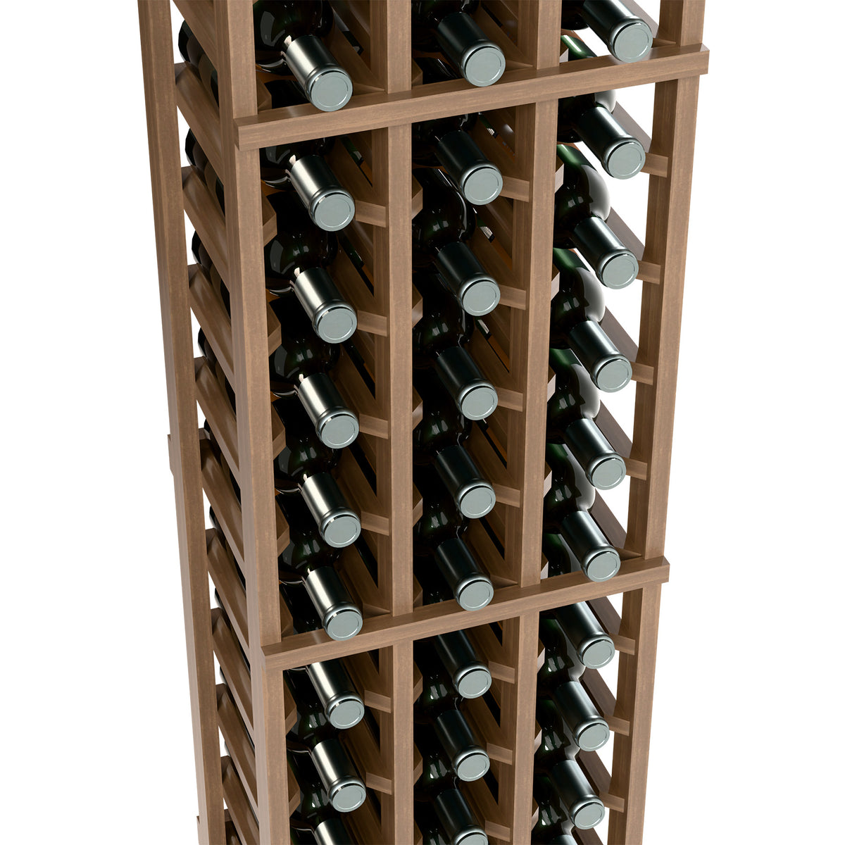 Dark wood 3-column wine bottle rack close-up showing bottle rows
