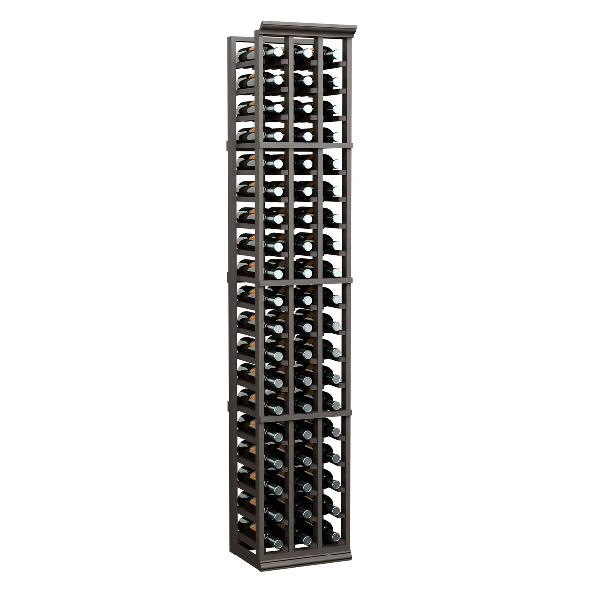 Dark wood 3-column wine bottle rack, 6 ft, front view with bottle openings