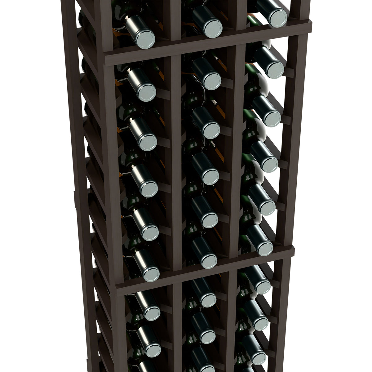 Dark wood 3-column wine bottle rack close-up with cradled bottles