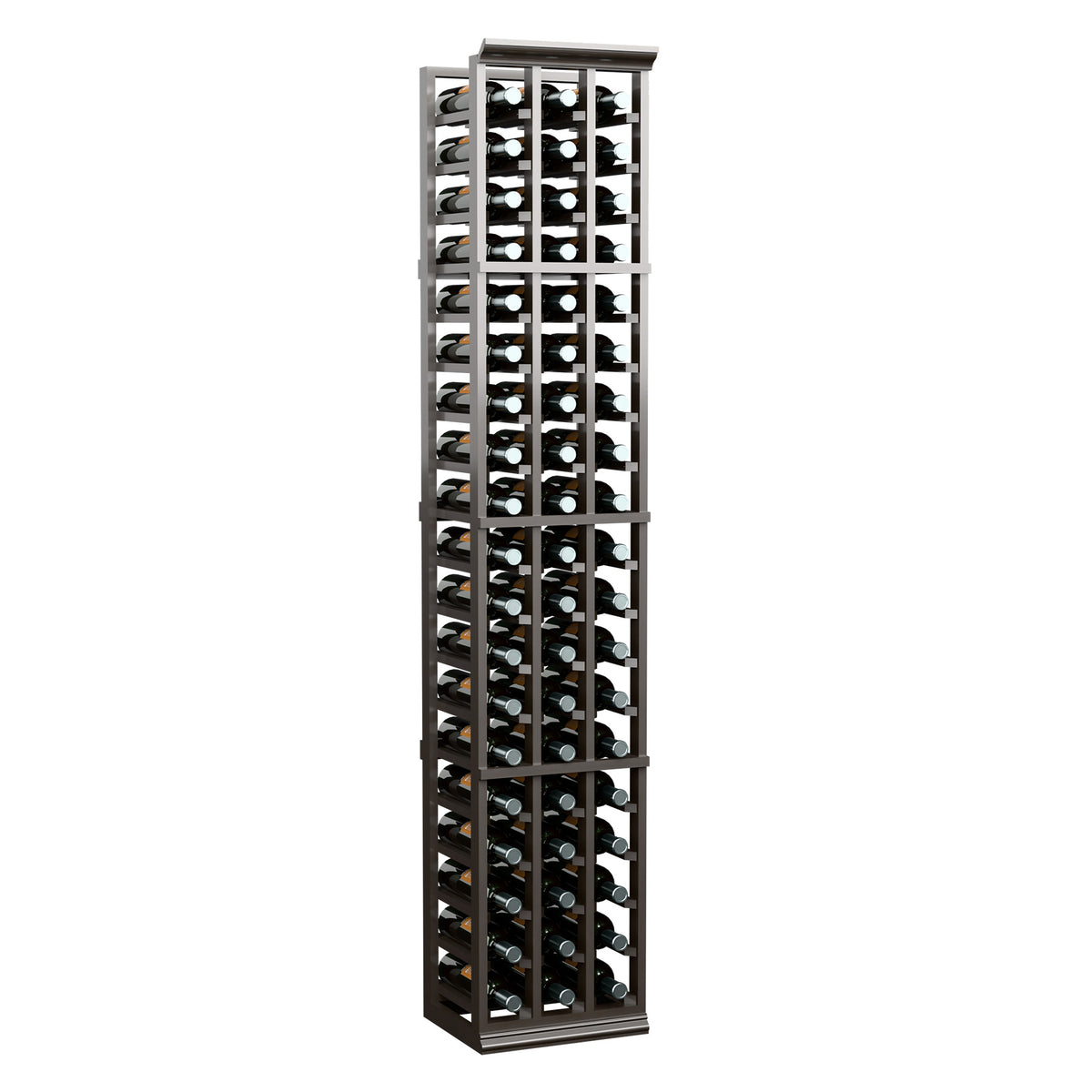Dark wood 3-column wine bottle rack, 6 ft, front view with vertical slots