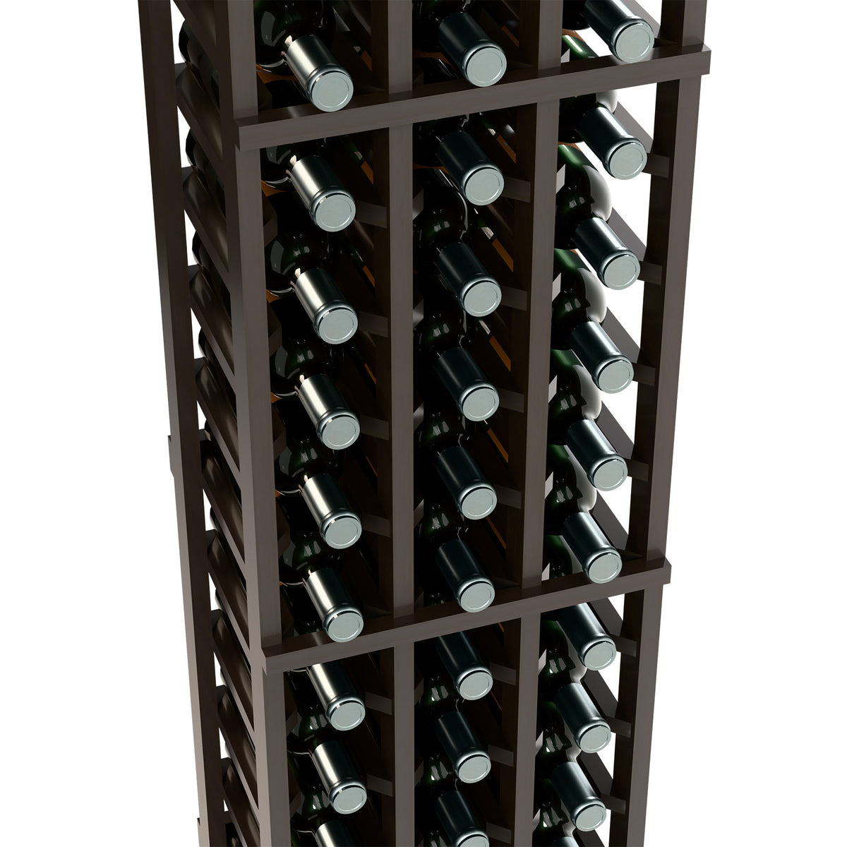 Dark wood 3-column wine bottle rack close-up showing multiple bottle rows