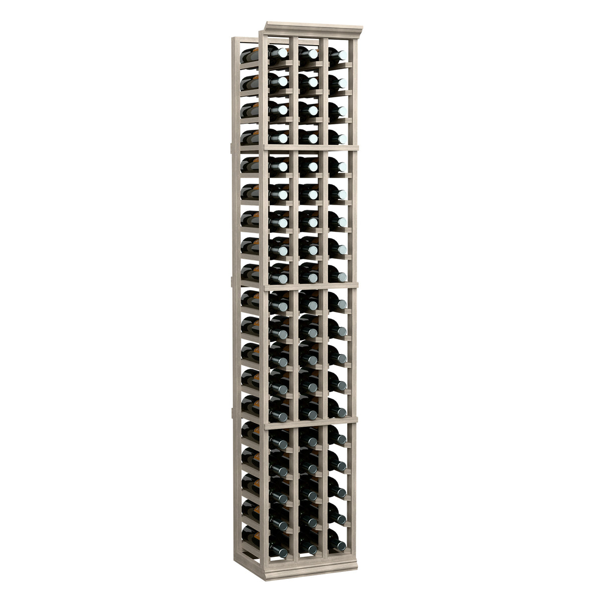 3-column wooden wine bottle rack, tall frame with bottles in vertical rows