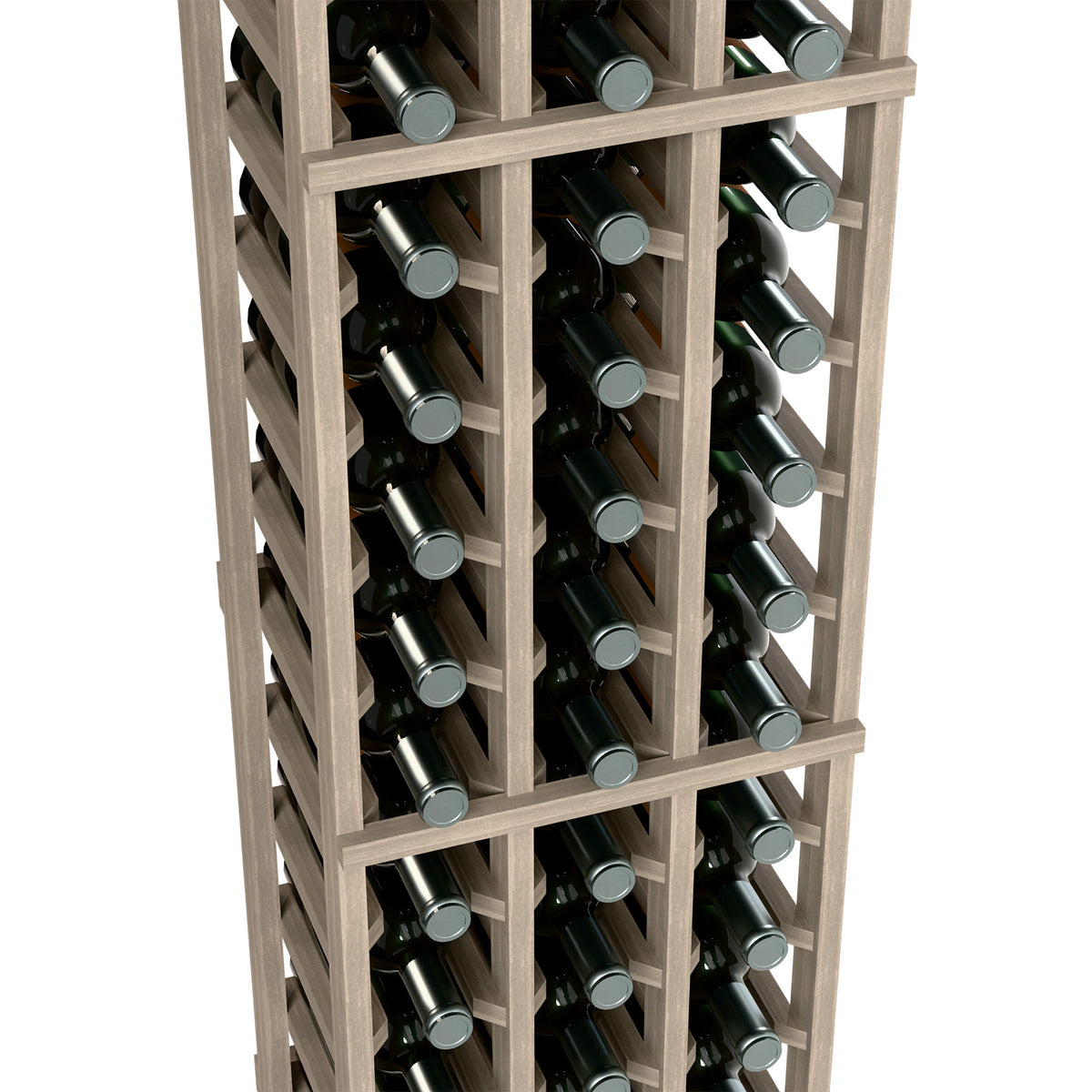 Wood wine bottle rack close-up with 3 columns of bottle slots and stacked bottles
