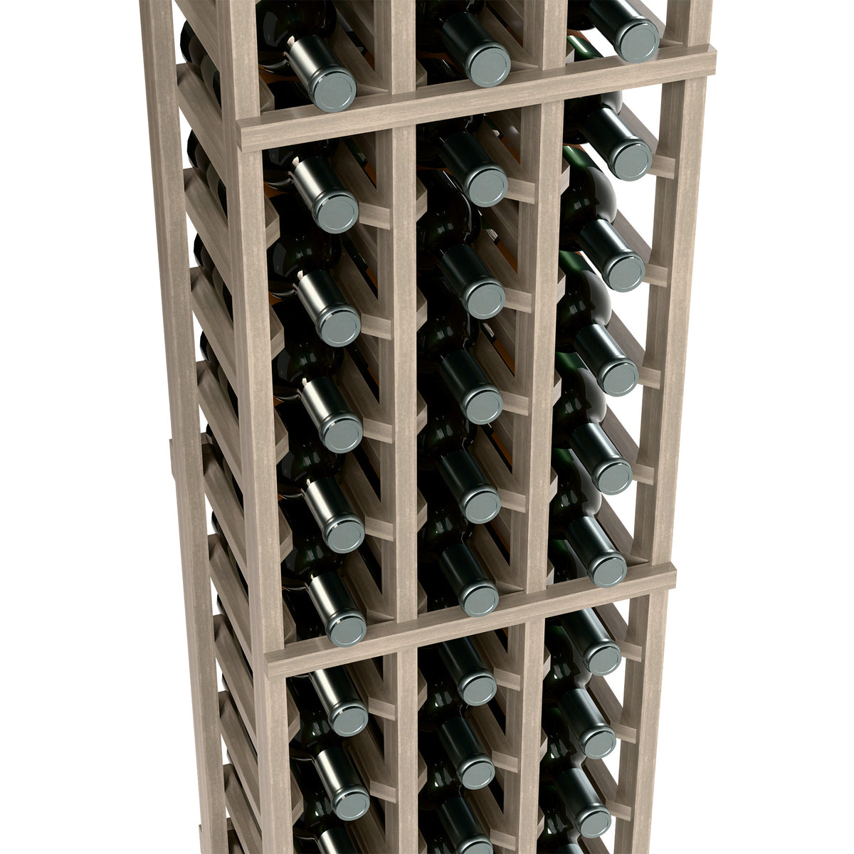 Close-up of 3-column wine bottle rack showing bottle slots and metal caps