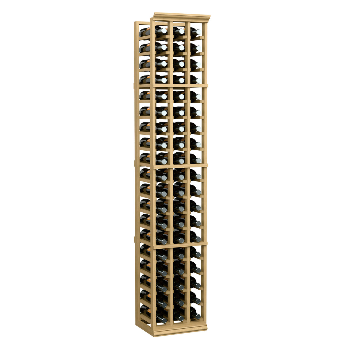 Tall 3-column wooden wine bottle rack with bottle slots holding bottles