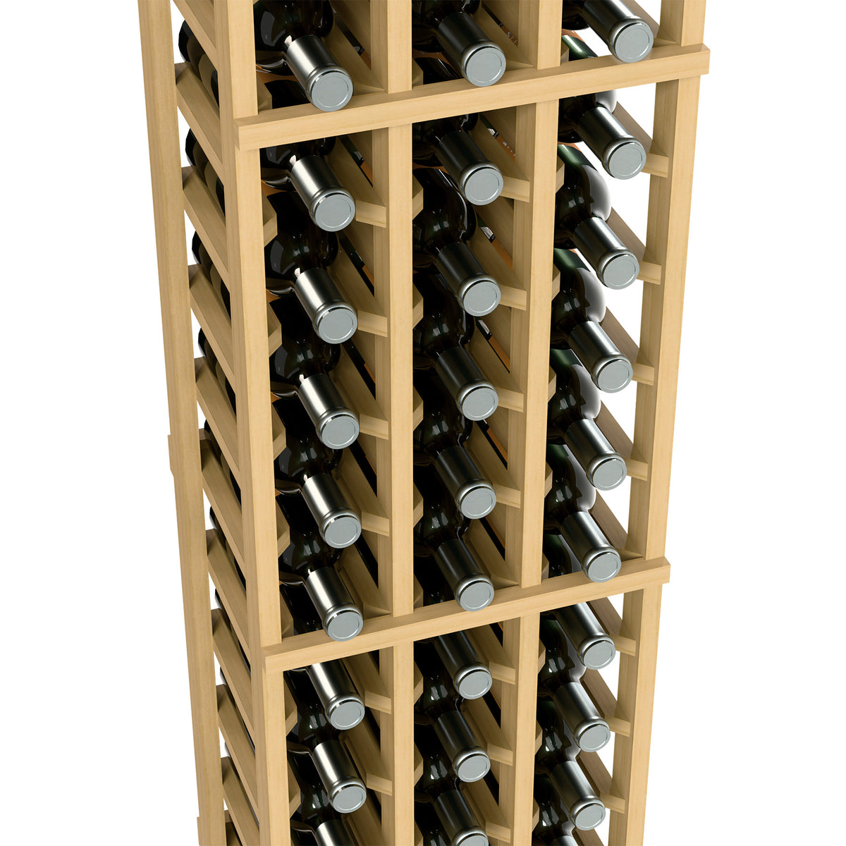 Wood wine bottle rack close-up with bottle slots and stacked bottles