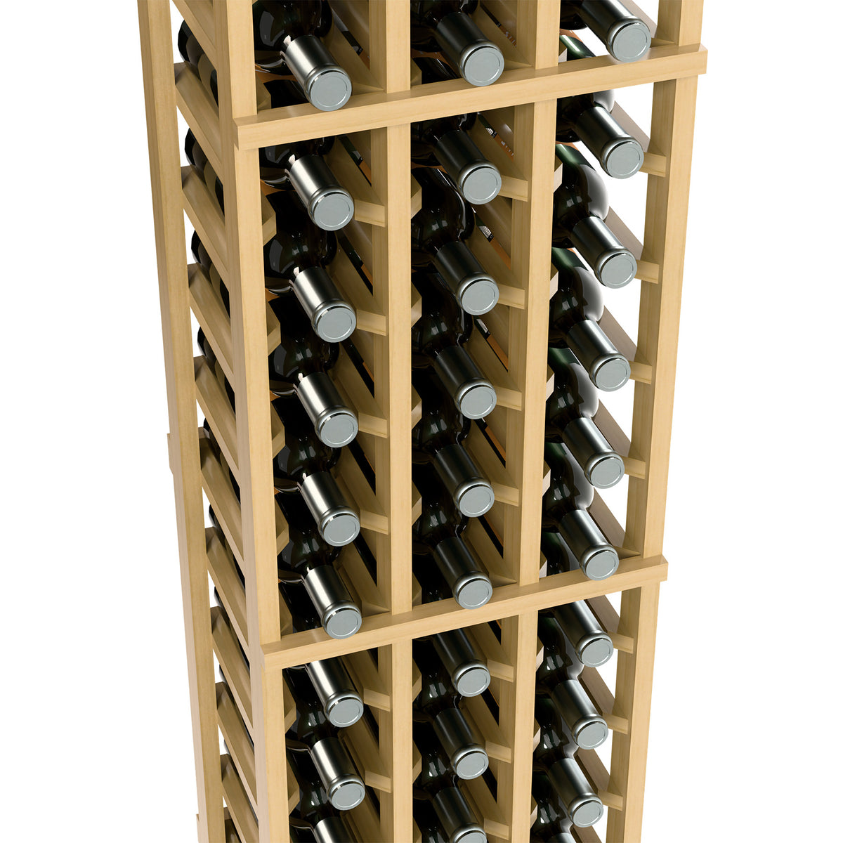 Close-up of light wood 3-column wine bottle rack with bottle slots