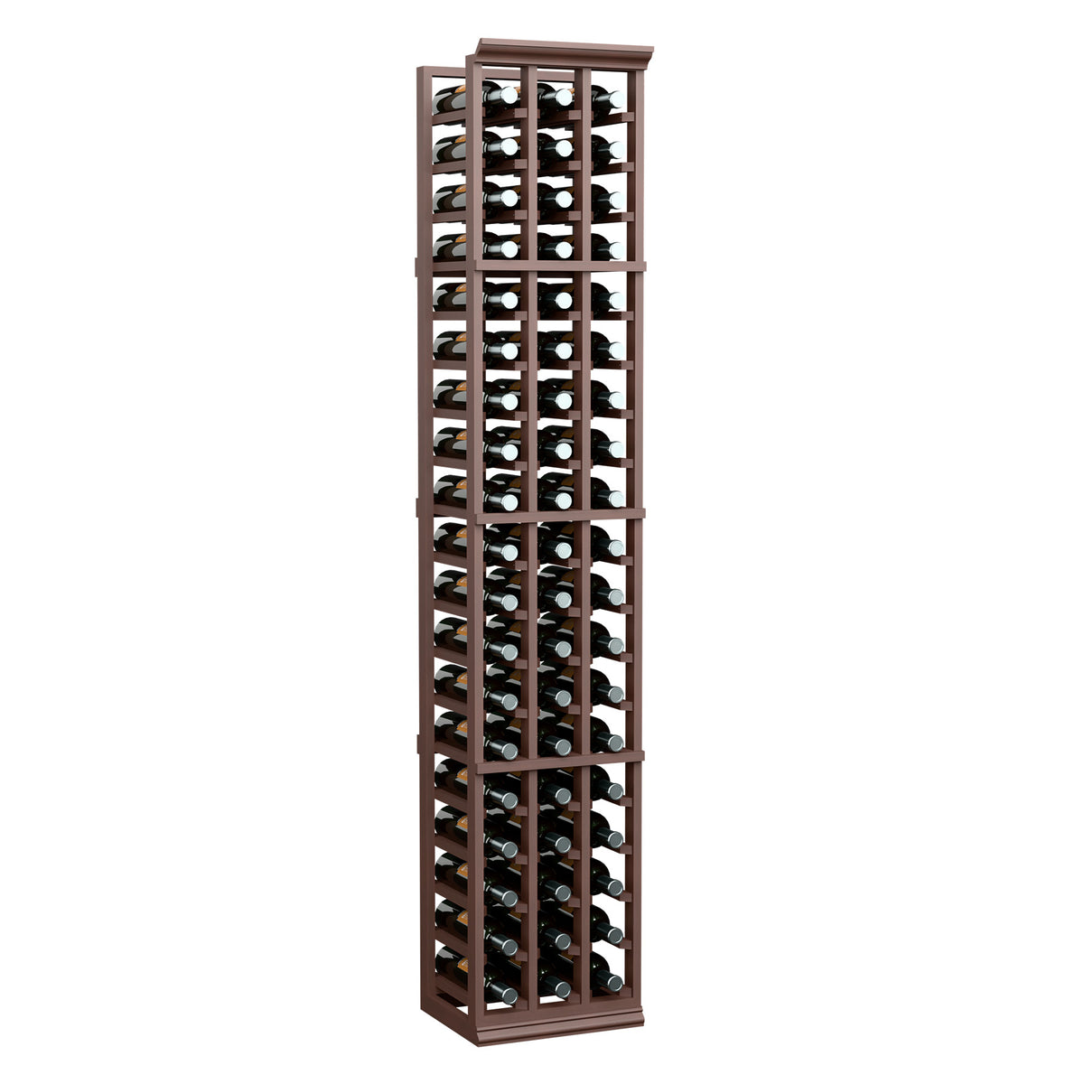 Tall 3-column wooden wine bottle rack with bottles in vertical rows