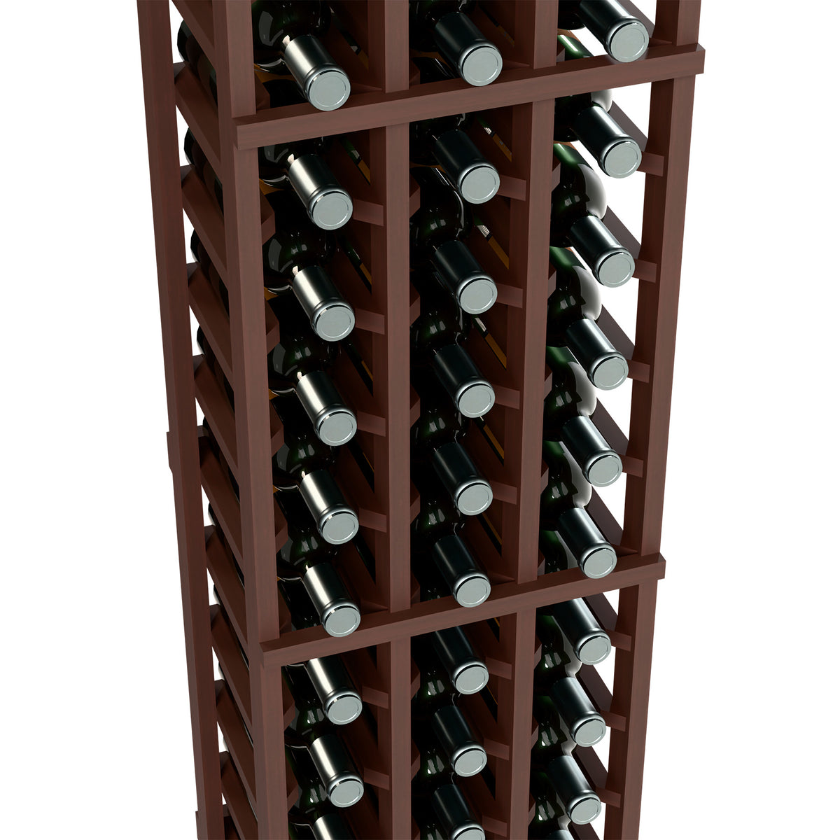Close-up of dark wooden 3-column wine bottle rack with bottle slots