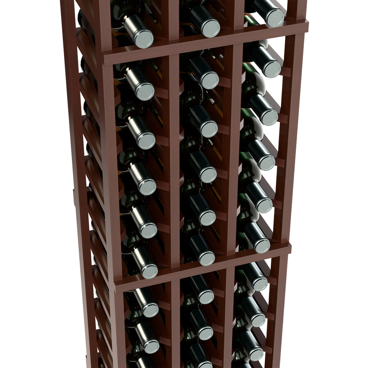 Close-up of 3-column wine bottle rack: dark wood frame with rows of bottles