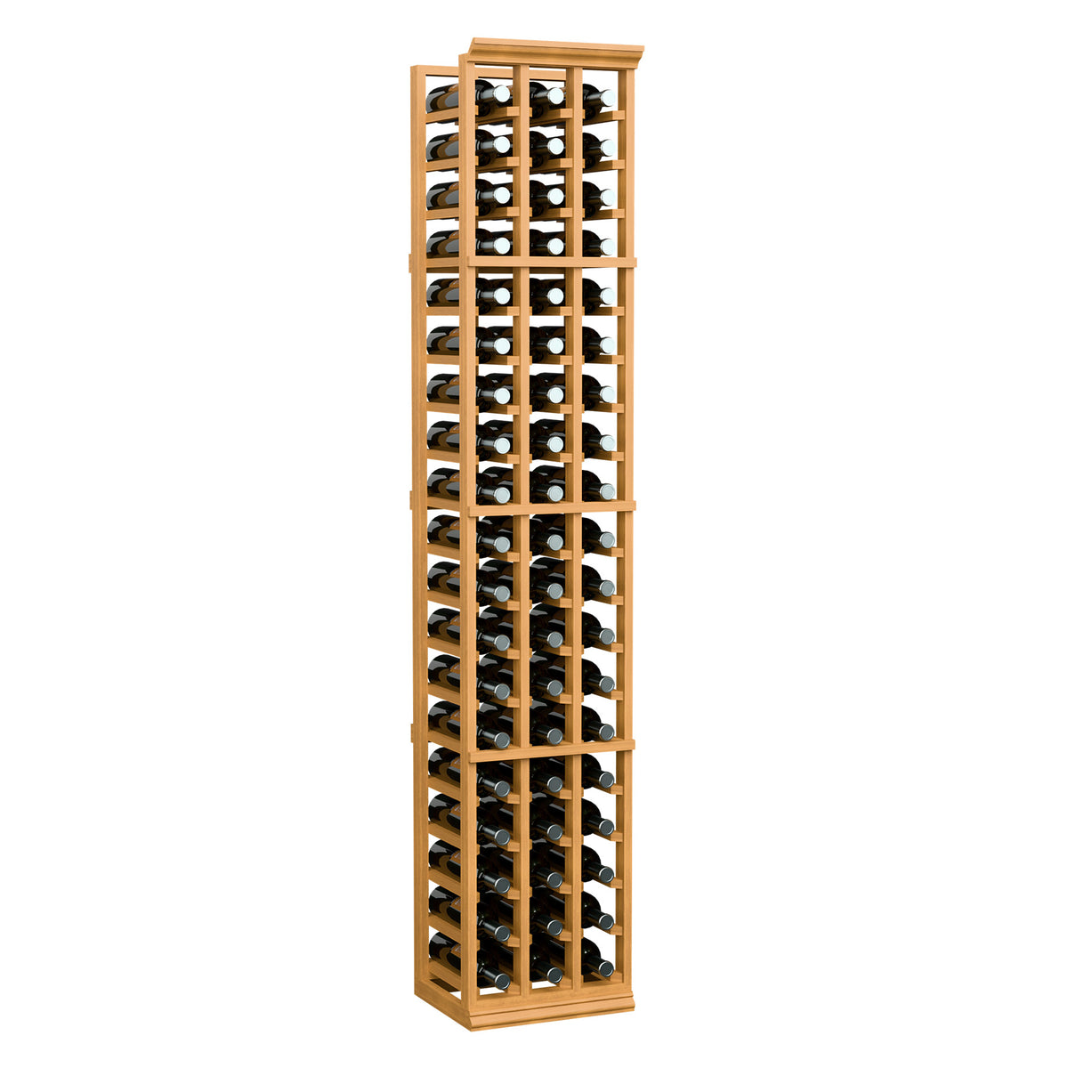 3-column wine bottle rack, 6-ft tall, light wood frame with bottle slots