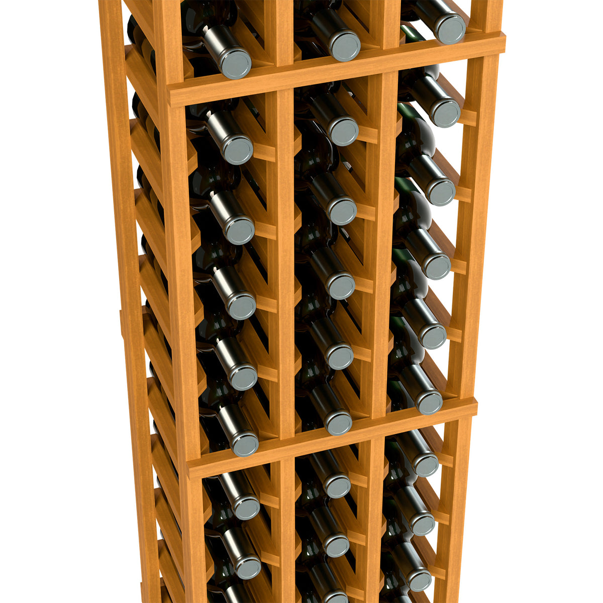 Close-up of 3-column wine bottle rack with light wood frame and bottle rows