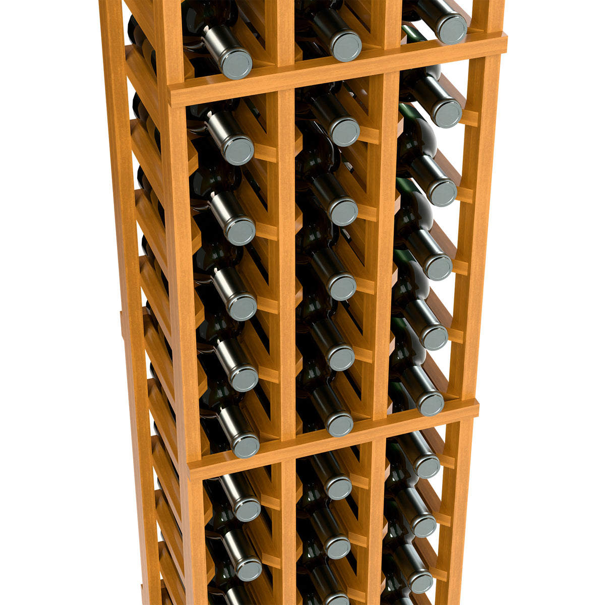 Close-up of 3-column wine bottle rack: warm light wood frame with bottle openings