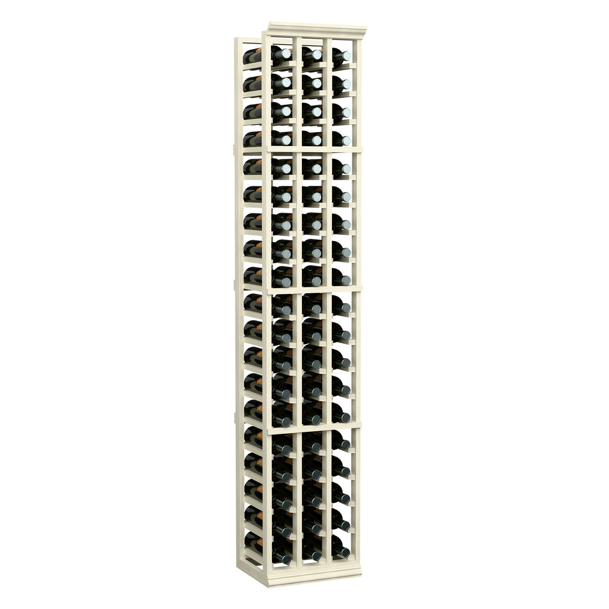 3-column wine bottle rack, 6-ft tall, white painted wood frame with bottle slots