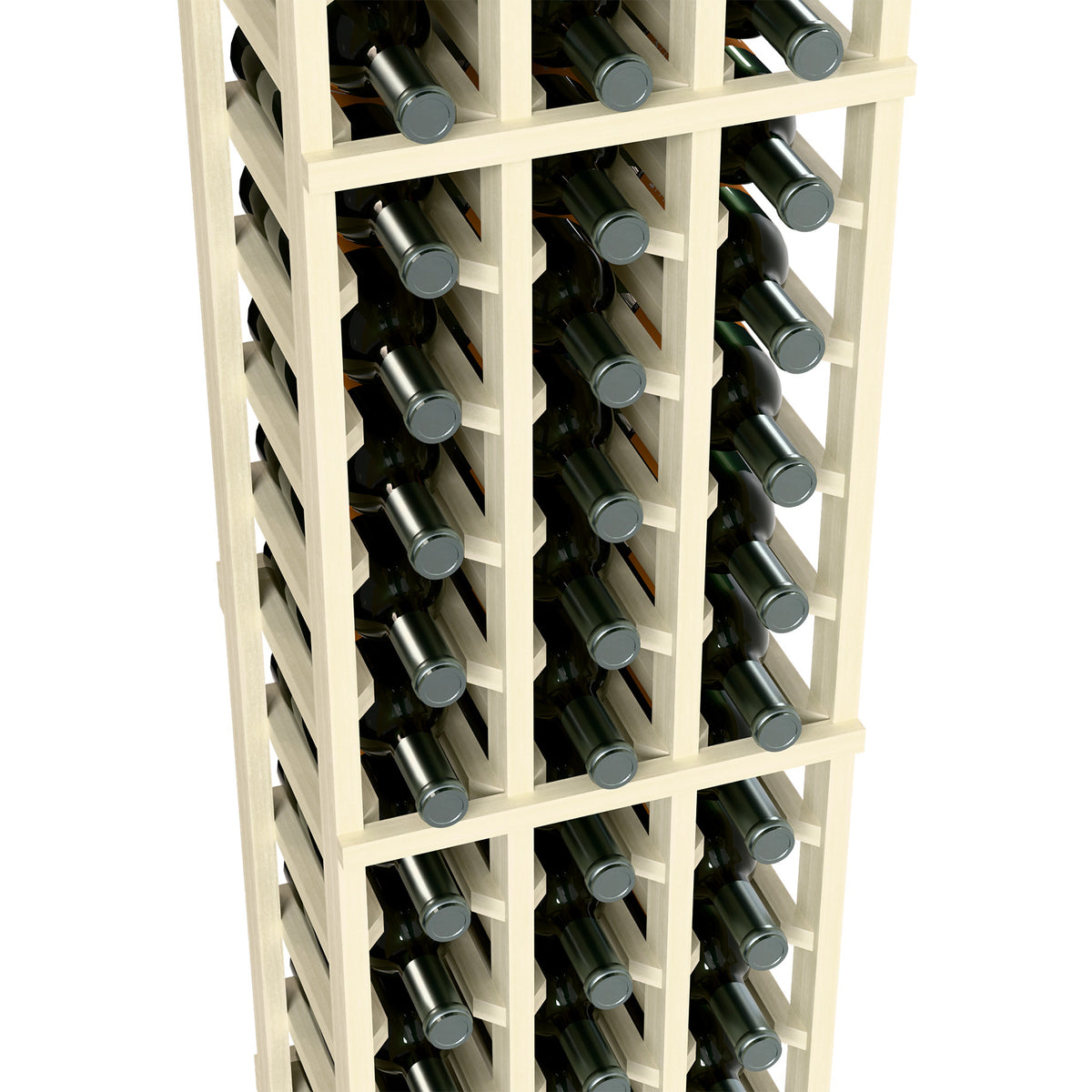 Close-up of 3-column wine bottle rack: white frame with stacked bottle positions