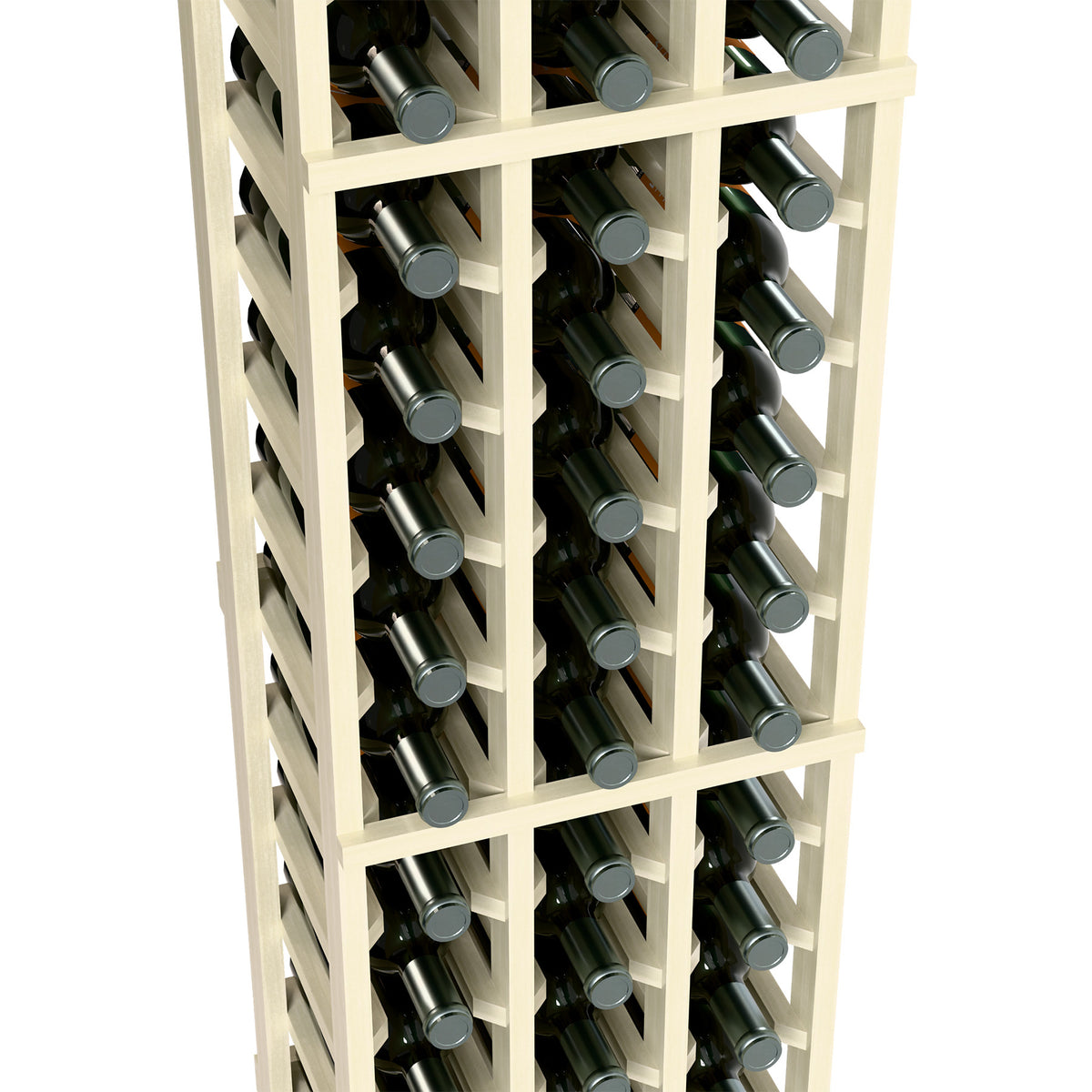 Close-up of 3-column wine bottle rack: white wood frame with bottle storage columns