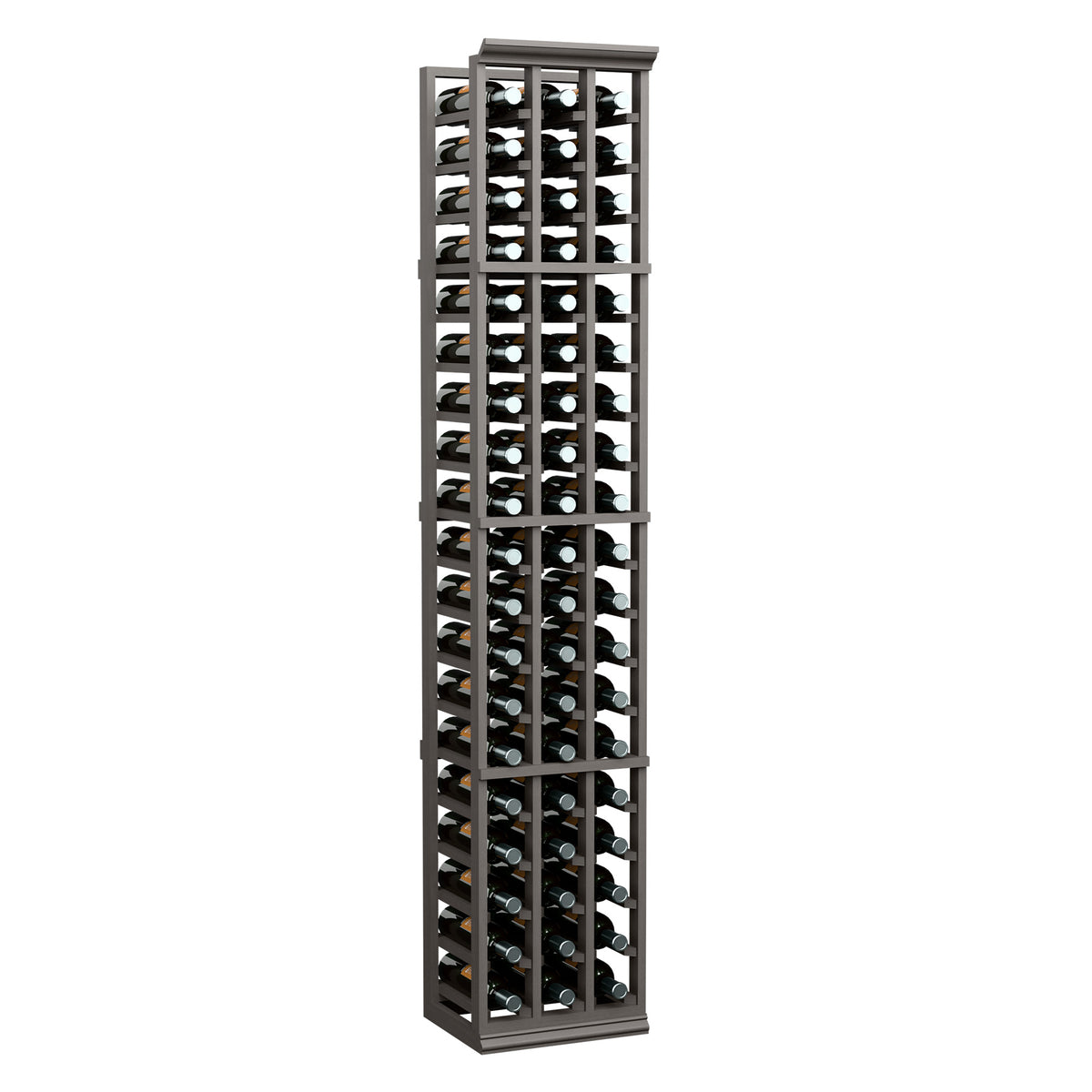 3-column wine bottle rack with dark frame and stacked bottles, front view
