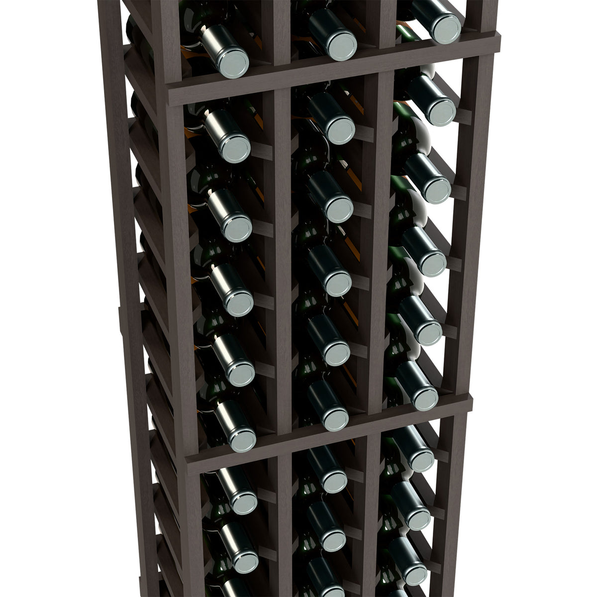 Dark wine bottle rack with metal caps visible in three columns, close-up side view