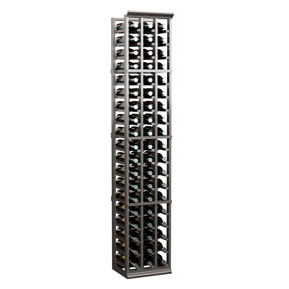 3-column wine bottle rack with dark frame and bottles, front angle view