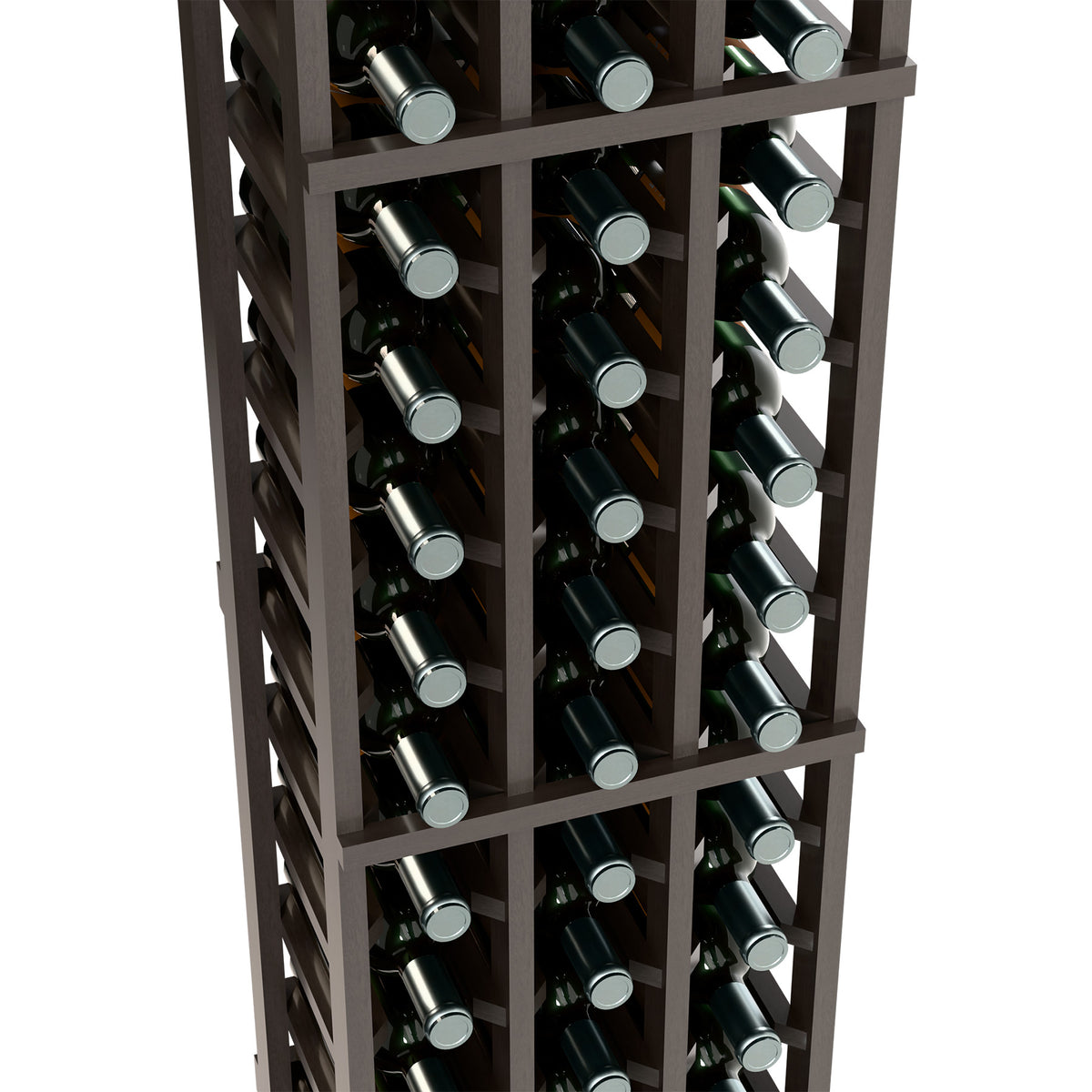 Dark three-column wine bottle rack with bottles and silver caps, close-up