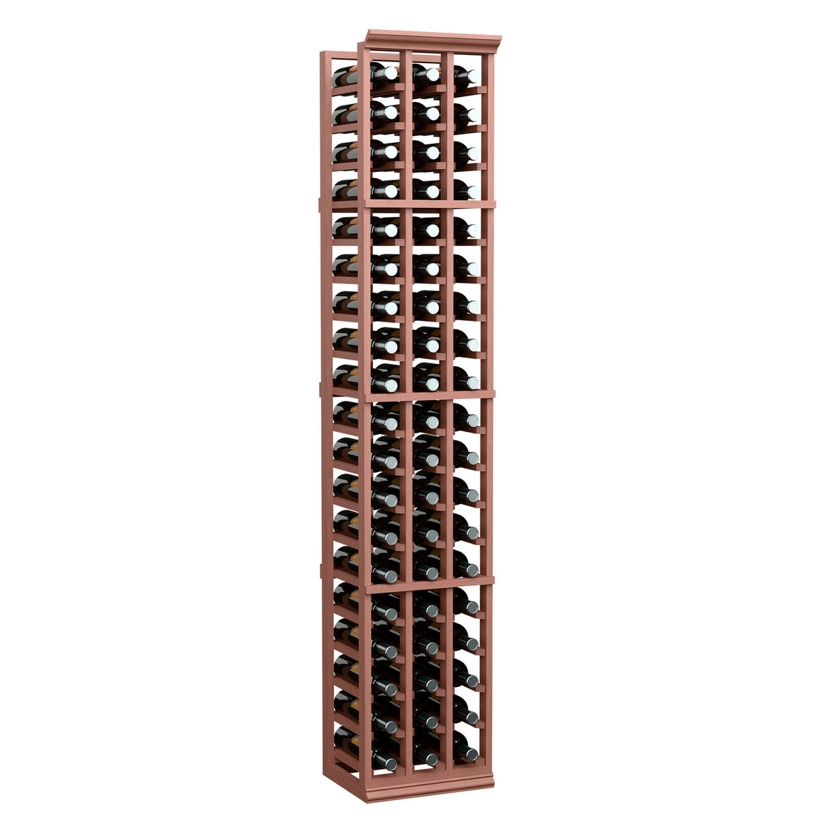 3-column wine bottle rack with red wood frame and stacked bottles, front view