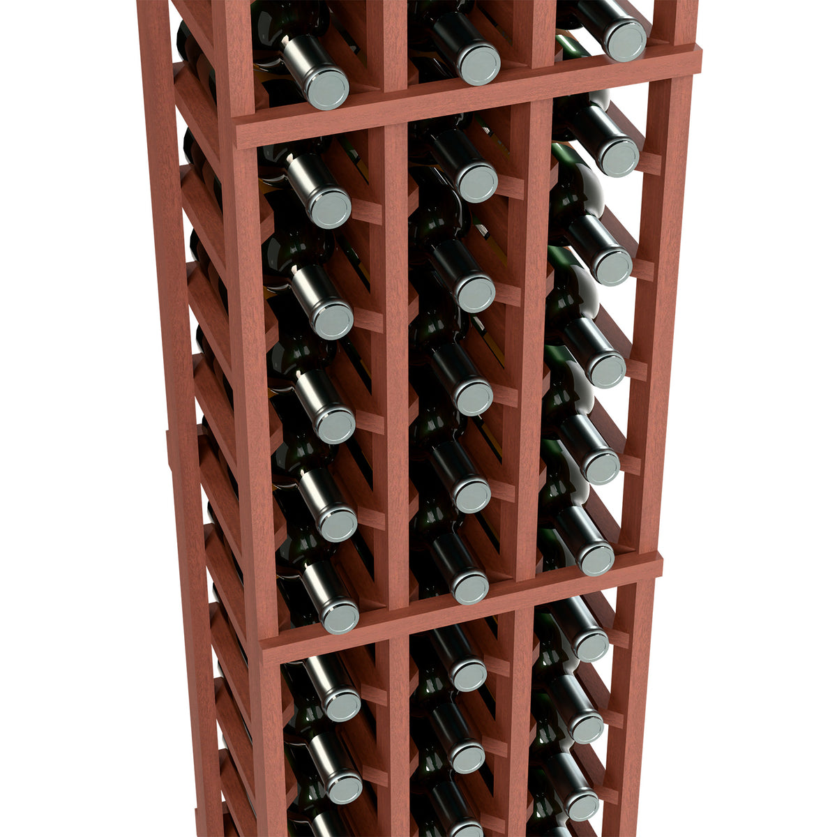 Red wine bottle rack with three columns of bottles, silver caps visible, close-up