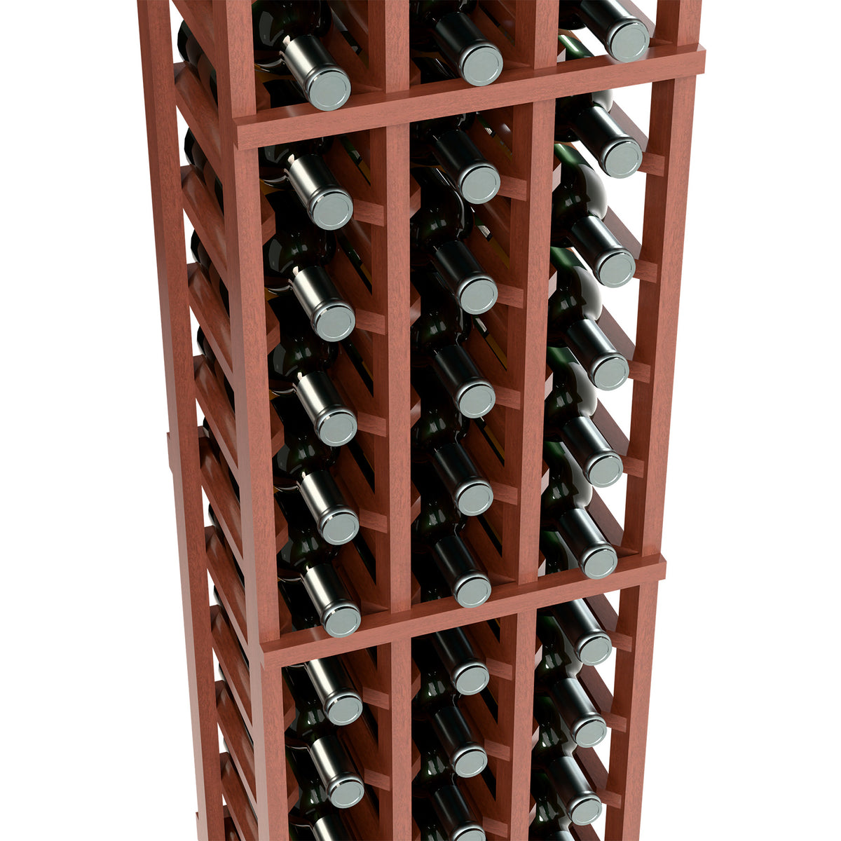 Red three-column wine bottle rack with bottles and silver caps, close-up side view