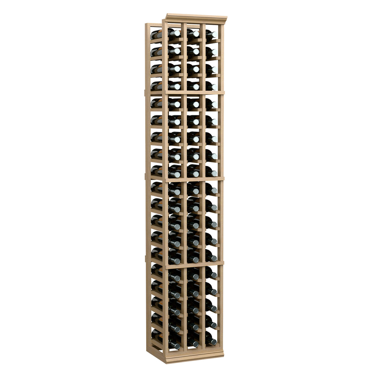 3-column wine bottle rack with light wood frame and stacked bottles, front view