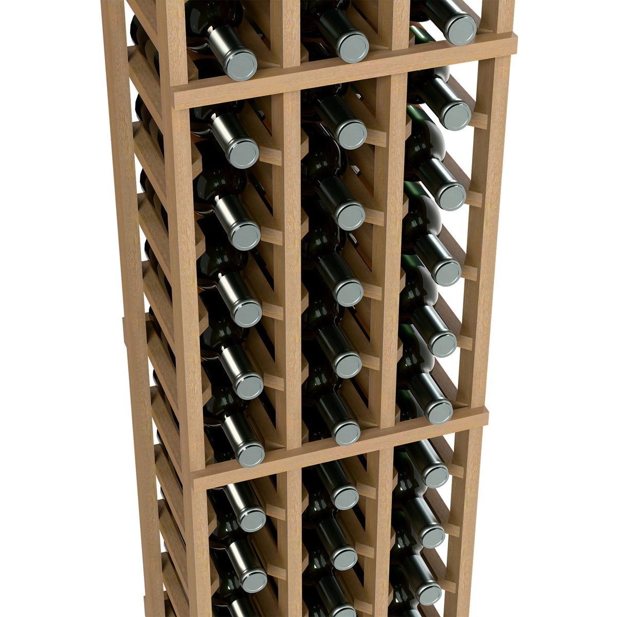 Light wood wine bottle rack with three columns of bottles, silver caps visible, close-up