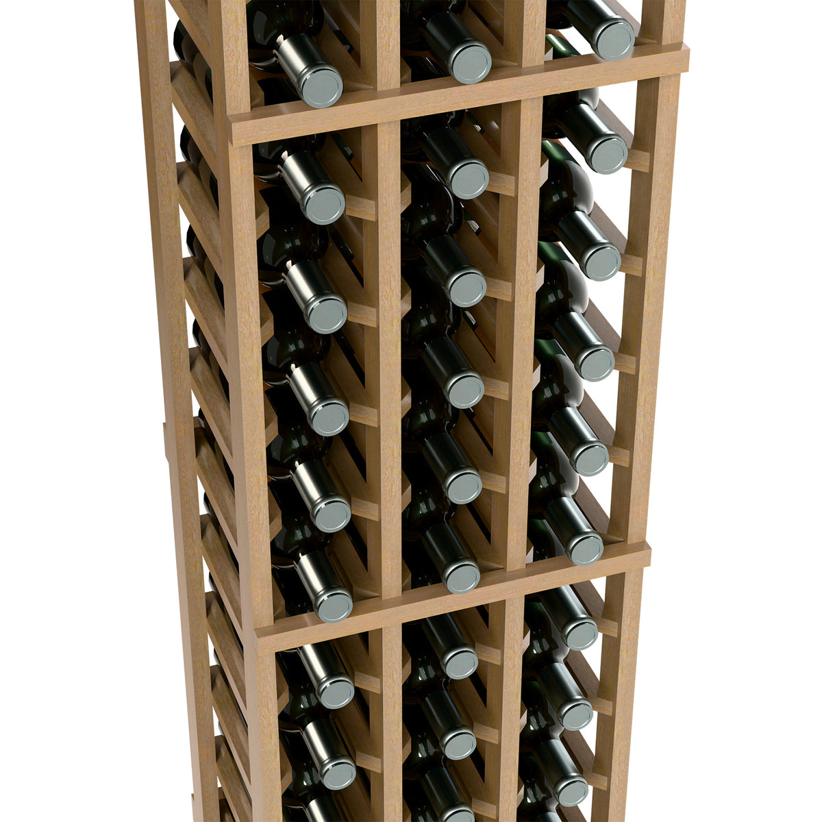 3-column wine bottle rack close-up with light wood dividers holding bottles