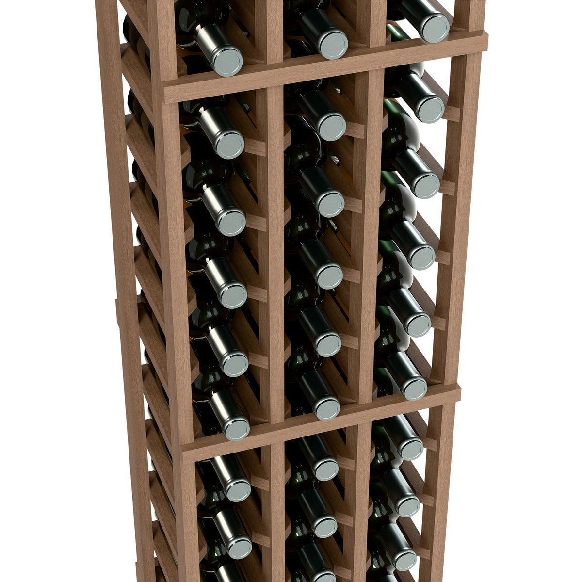 3-column wine bottle rack close-up with light wood frame and bottle necks