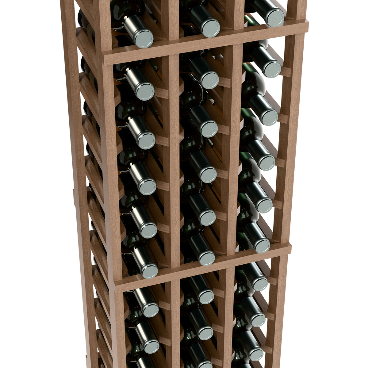 3-column wine bottle rack close-up with light wood slots and wine bottles