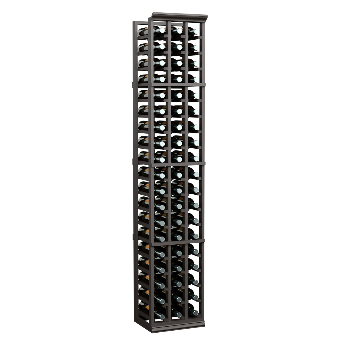 3-column wine bottle rack with dark frame and multiple bottles in vertical rows