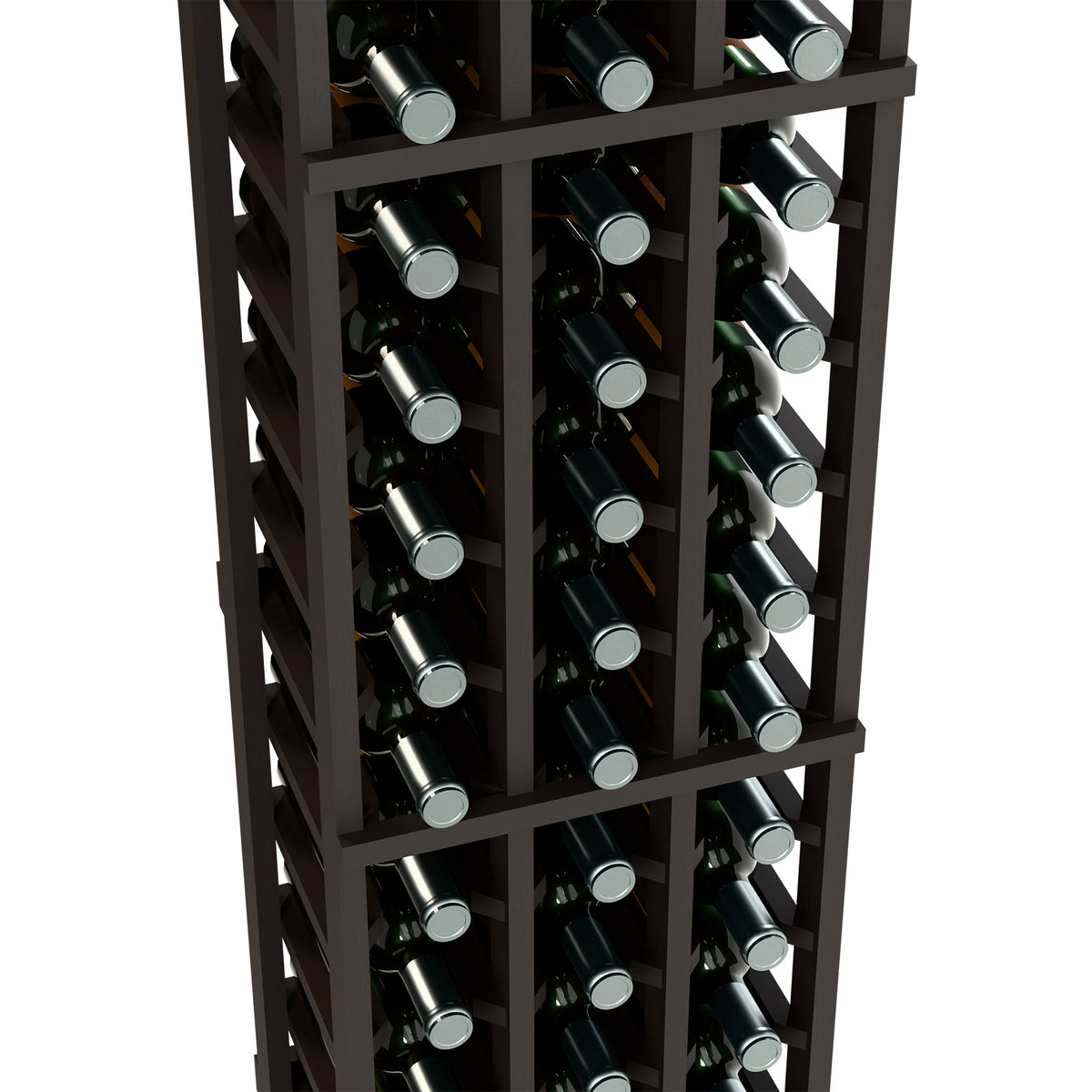 3-column wine bottle rack close-up with dark wood dividers holding bottles
