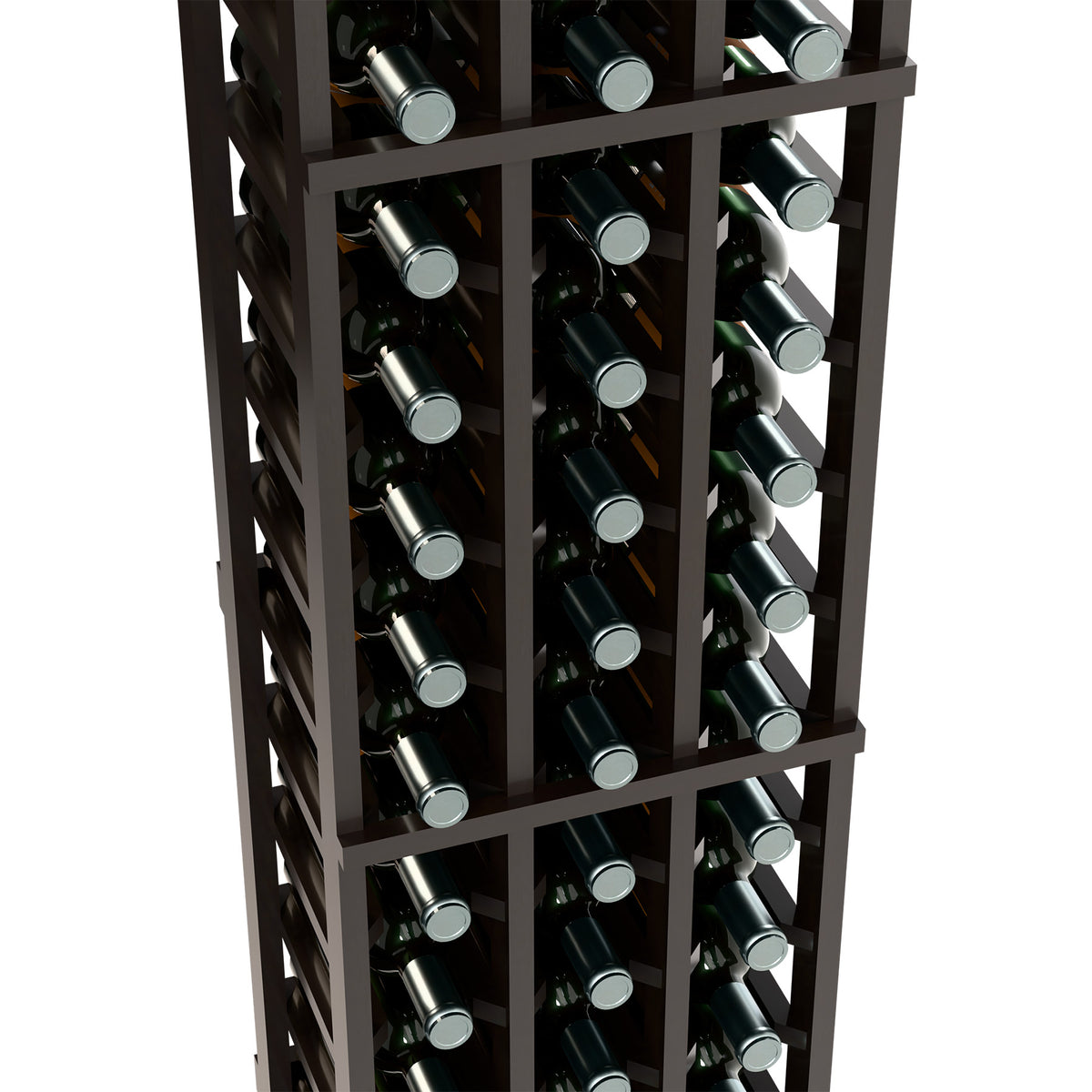 3-column wine bottle rack close-up with dark frame and bottle necks