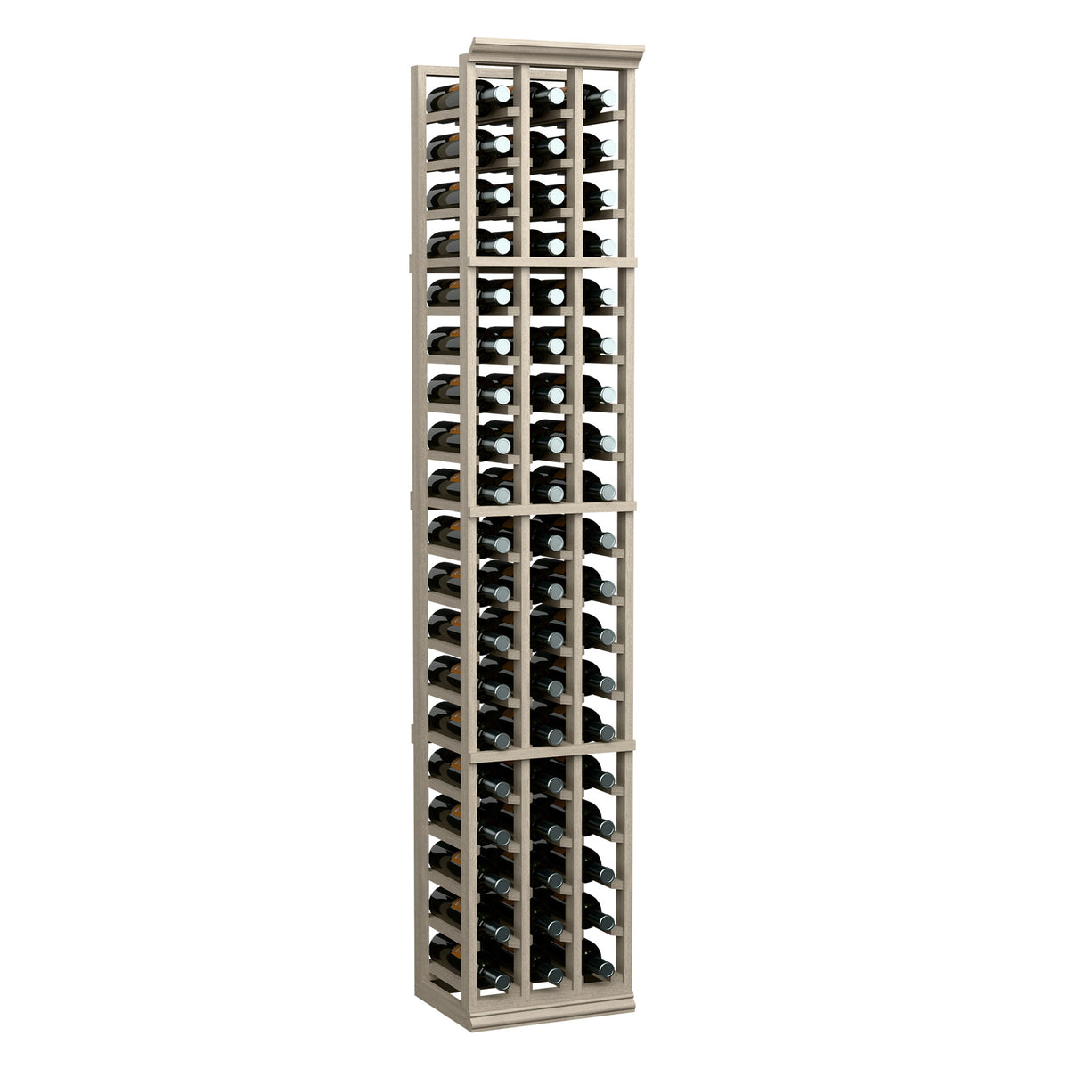 6-foot three-column wine bottle rack with square slots and black wine bottles