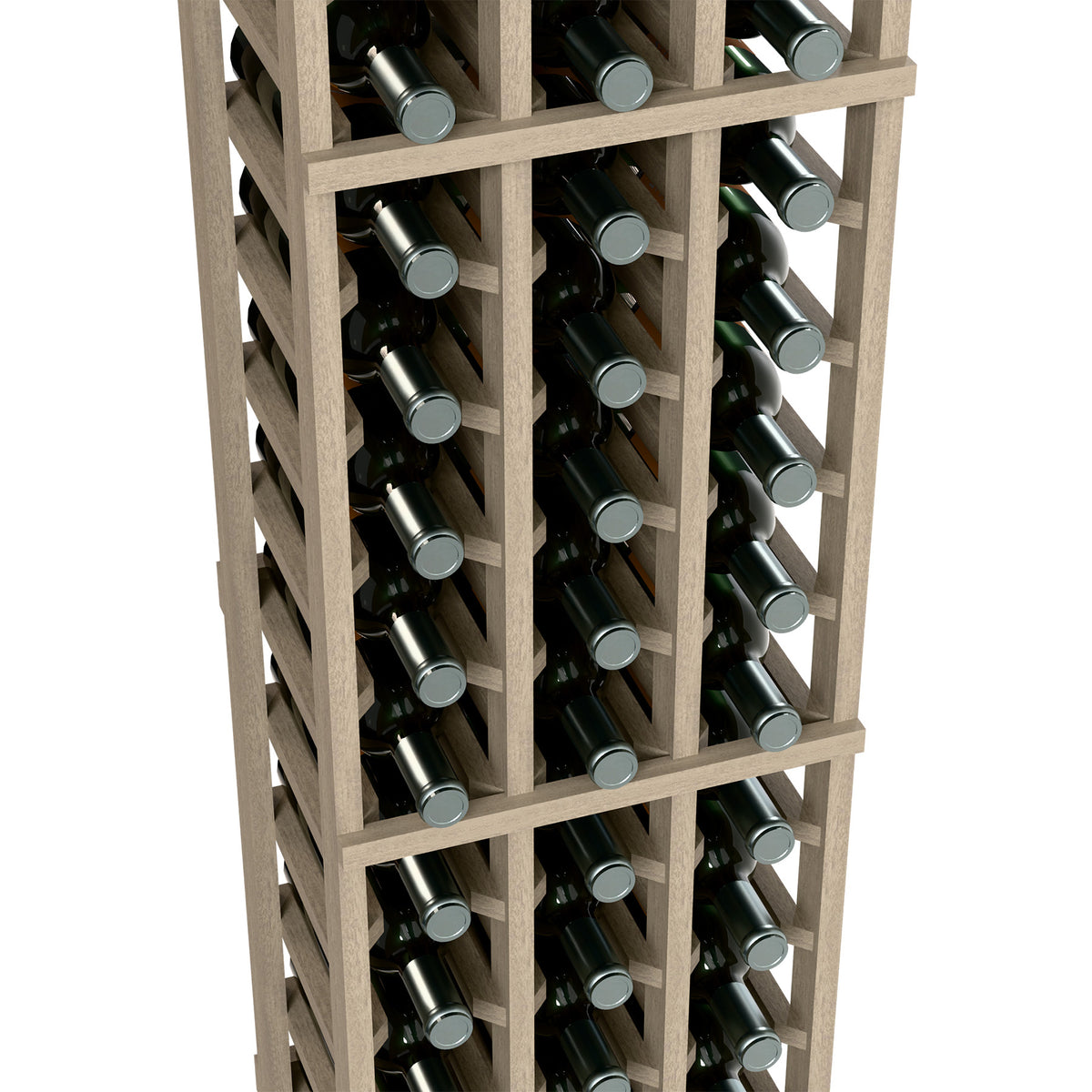 Wood wine bottle rack with grid dividers holding multiple bottles