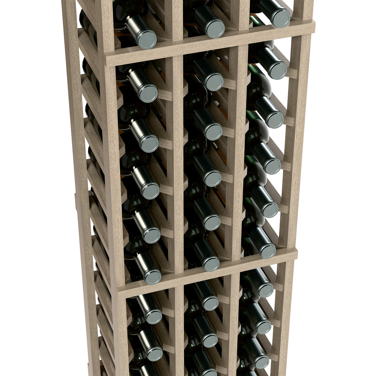 Close-up of wine bottle rack dividers holding dark bottles