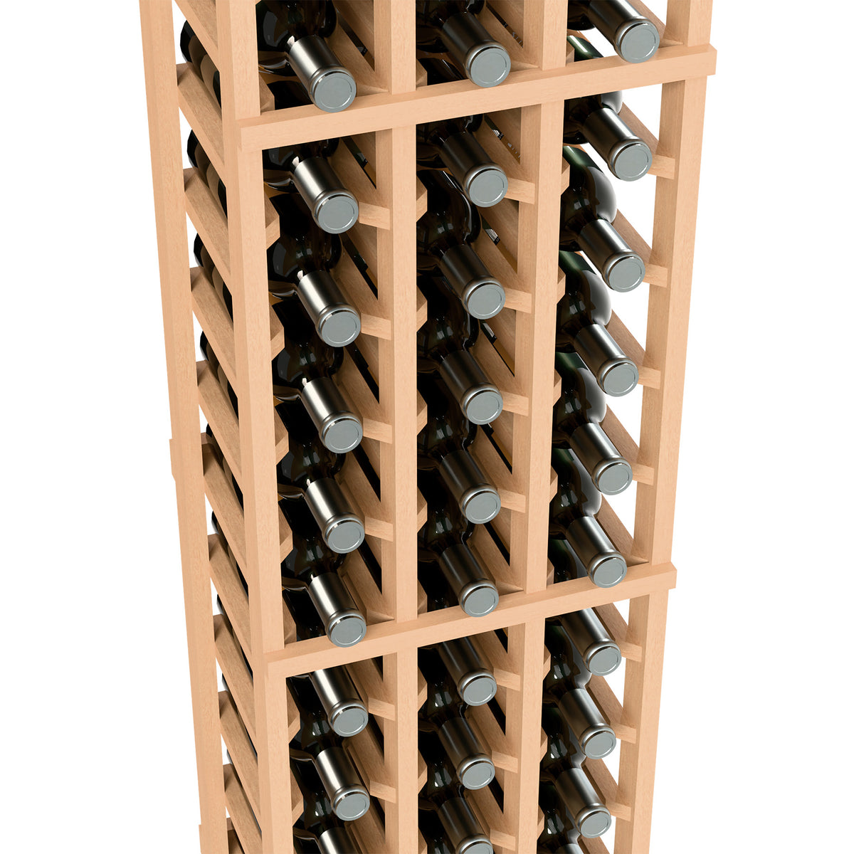 Light wood wine bottle rack with grid compartments and black bottles