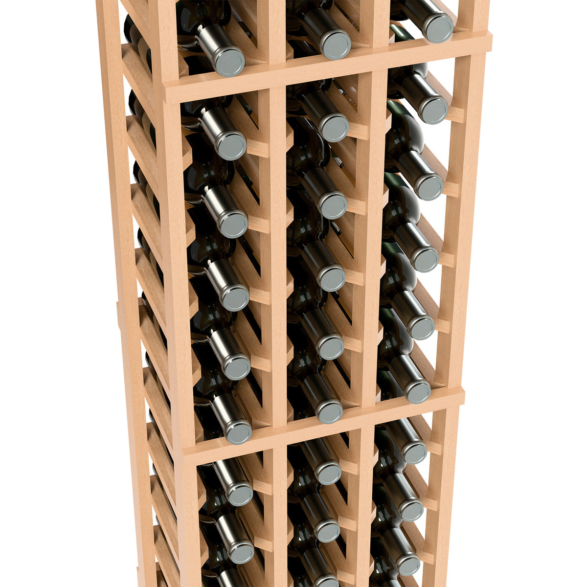 Close-up of light wood wine rack showing bottle slots and black bottles