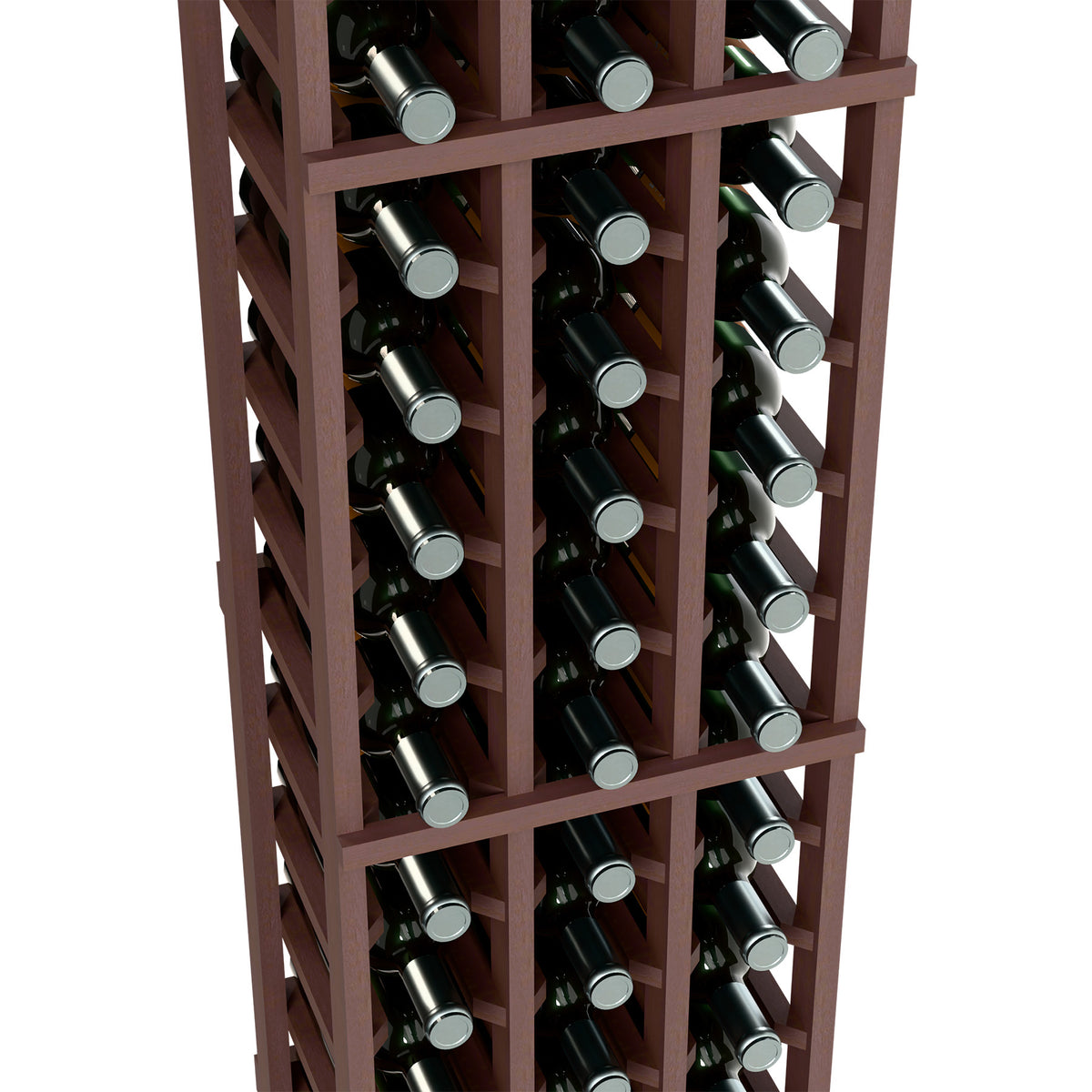 Close-up of dark stained wine bottle rack with grid dividers and black bottles