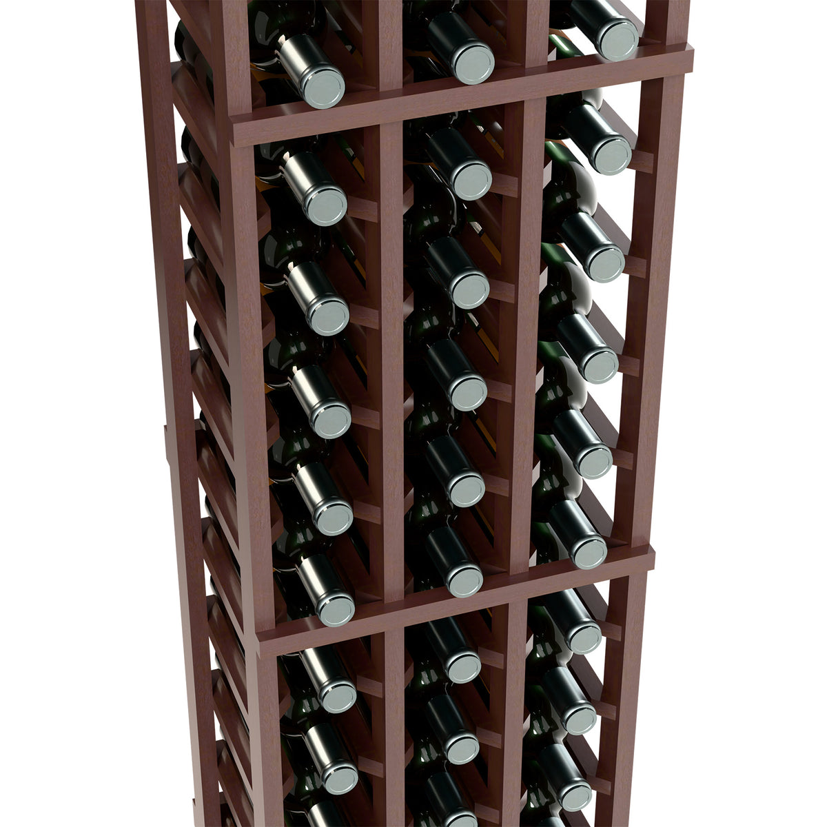 Close-up of dark wood 3-column wine rack with bottles in individual slots
