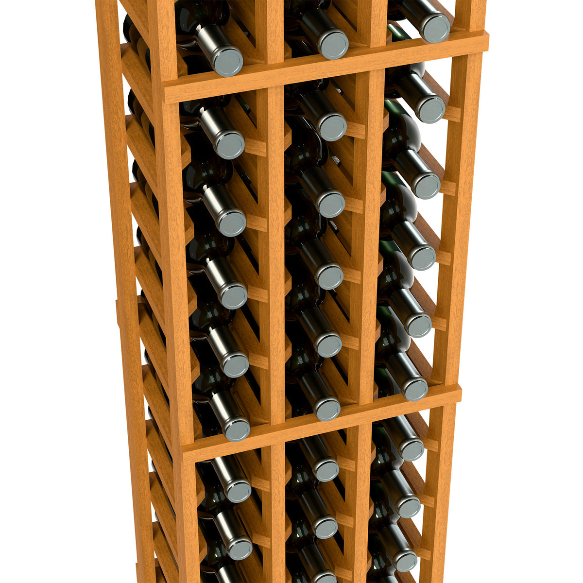 Close-up of light wood 3-column wine rack with bottles in divider slots