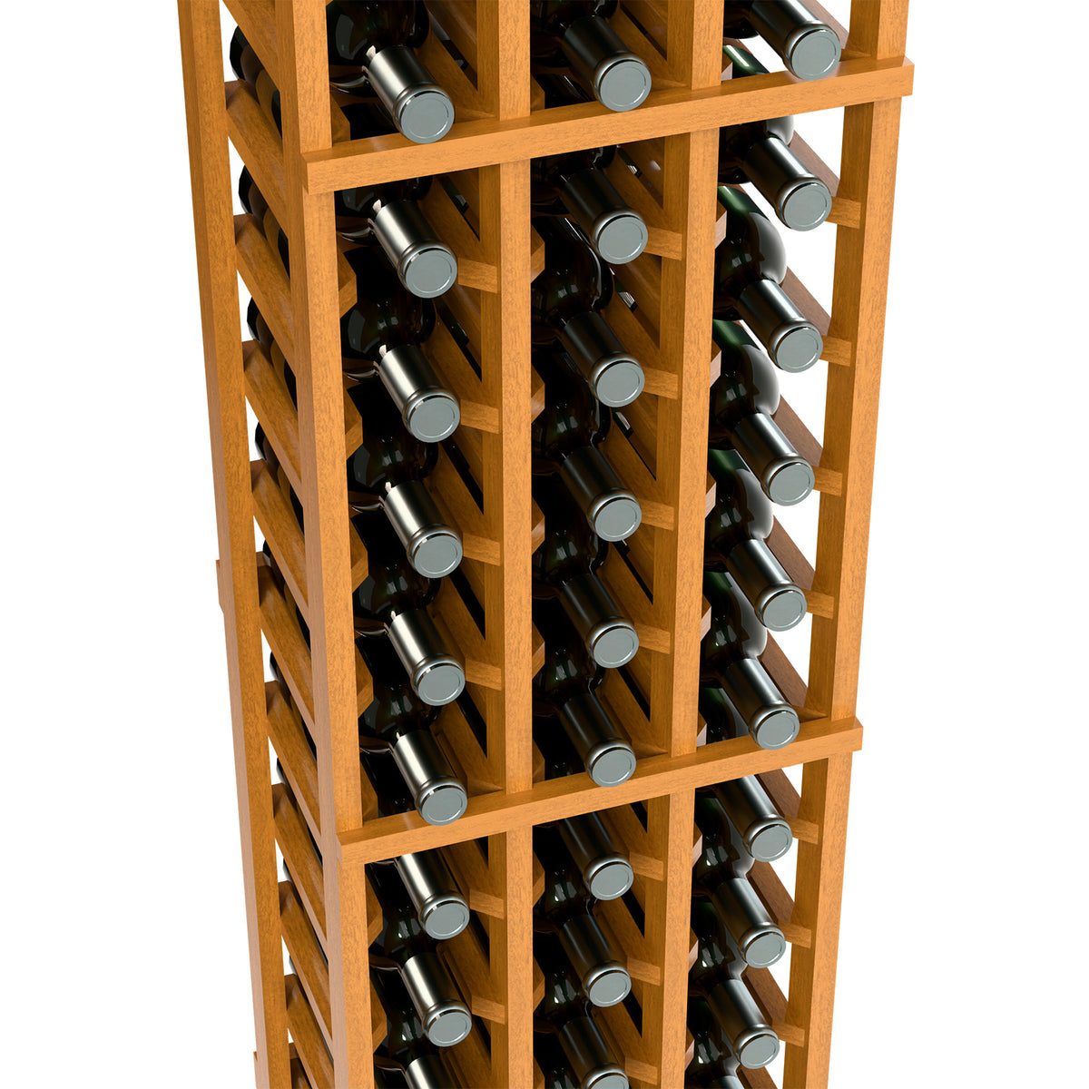 Close-up of light wood 3-column wine rack showing bottle rows