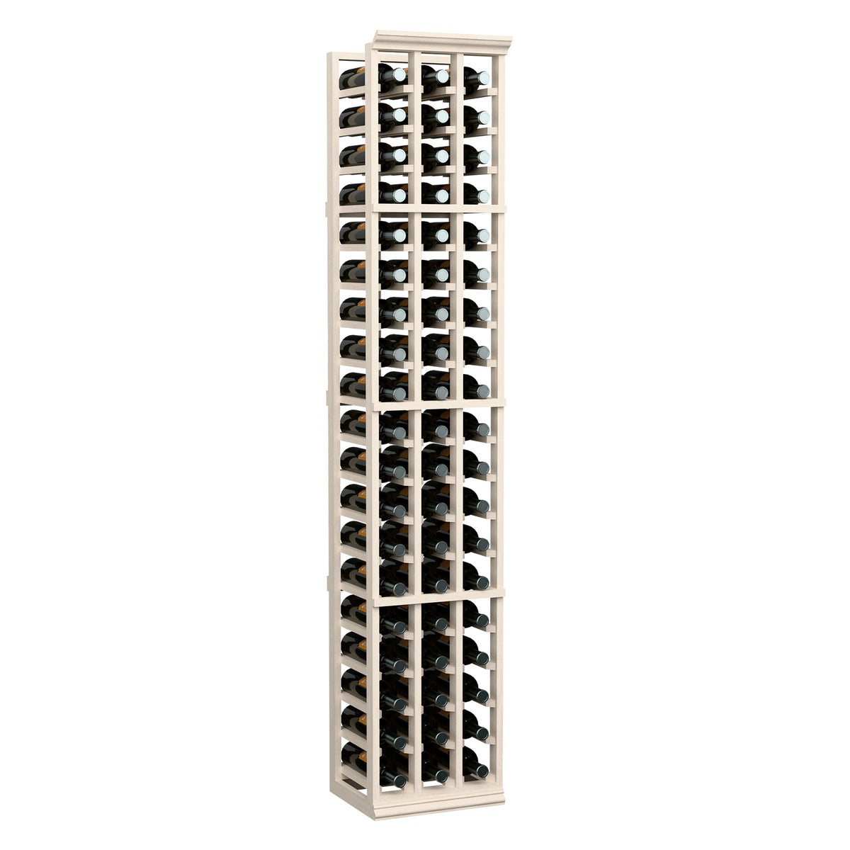 6ft 3-column wine bottle rack in white wood with rows of bottles