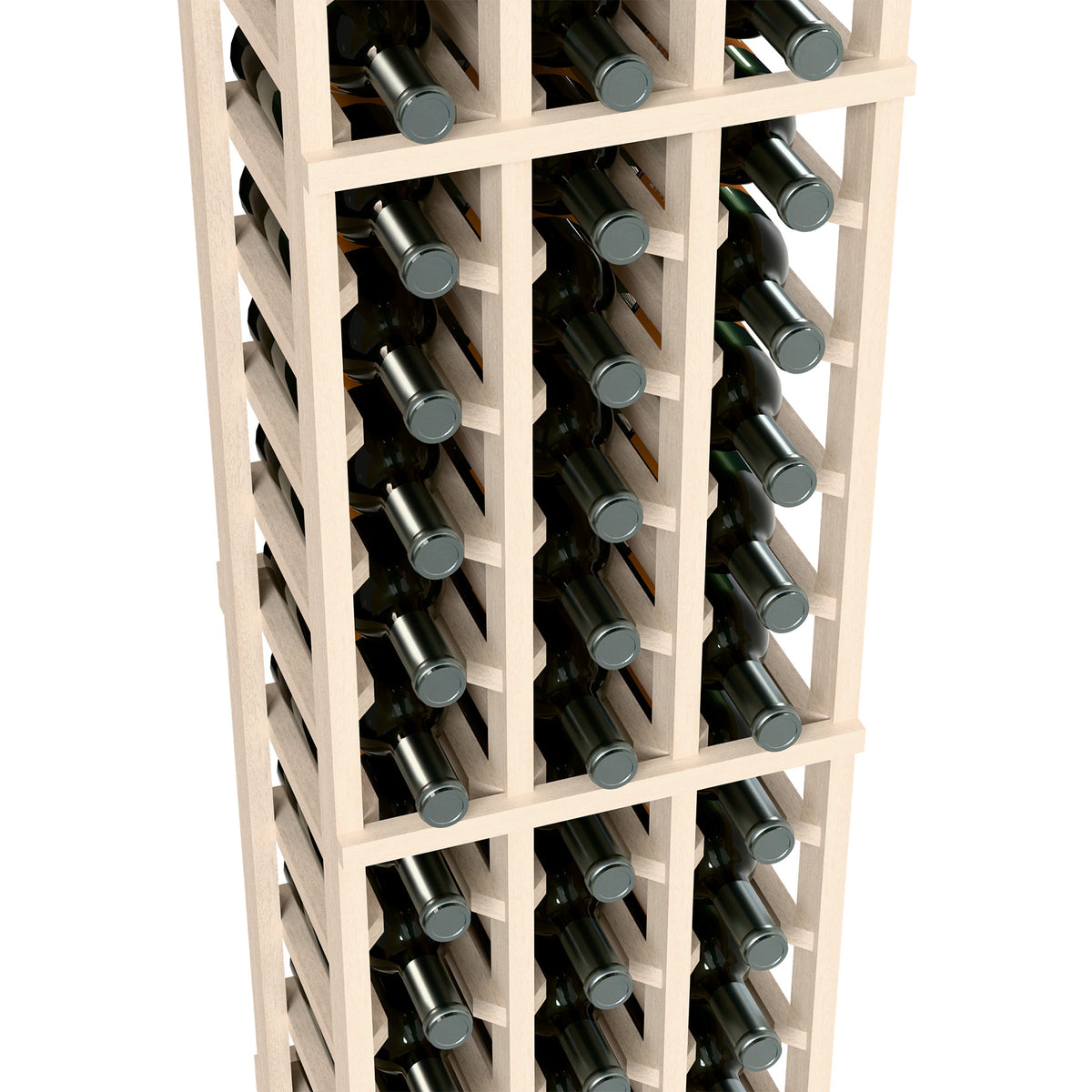Close-up of white 3-column wine rack with bottles in vertical slots