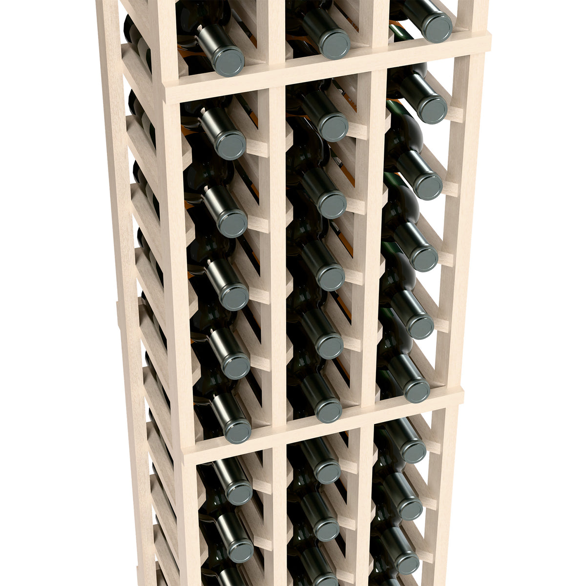 Close-up of white wood 3-column wine rack with bottle rows and dividers