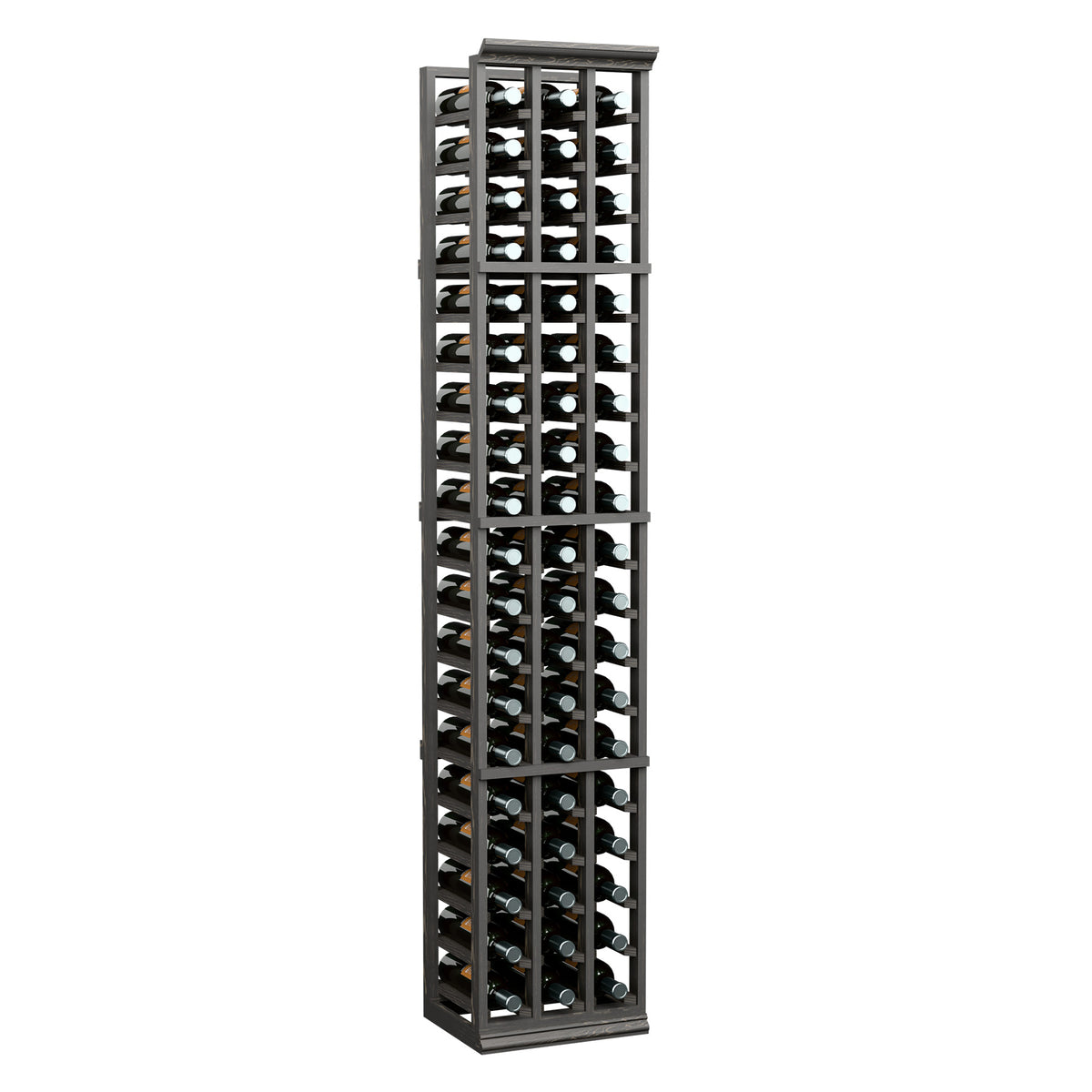 3-column wine bottle rack with dark frame holding rows of bottles