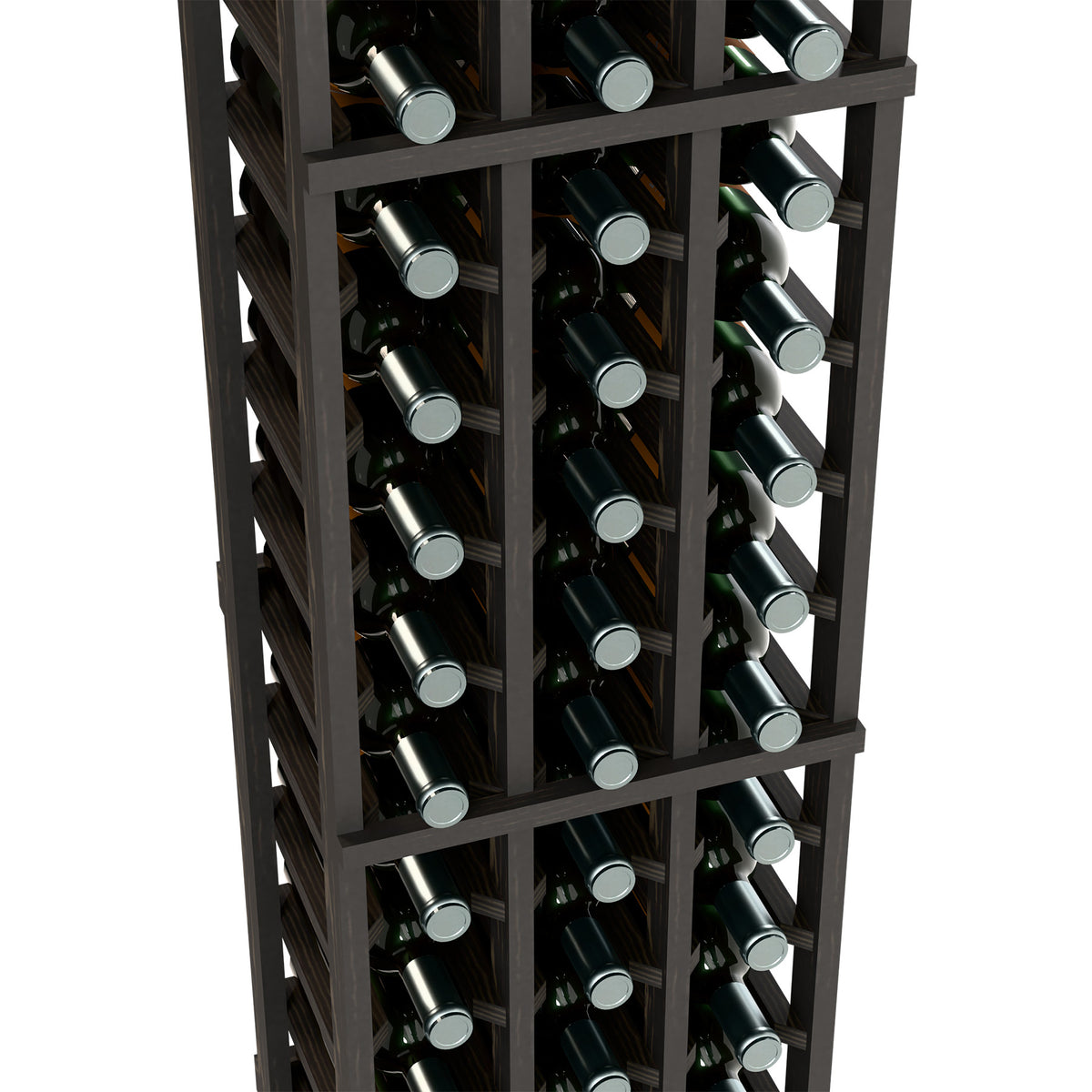 Close-up of dark wine bottle rack showing bottle slots and metal bottle bases
